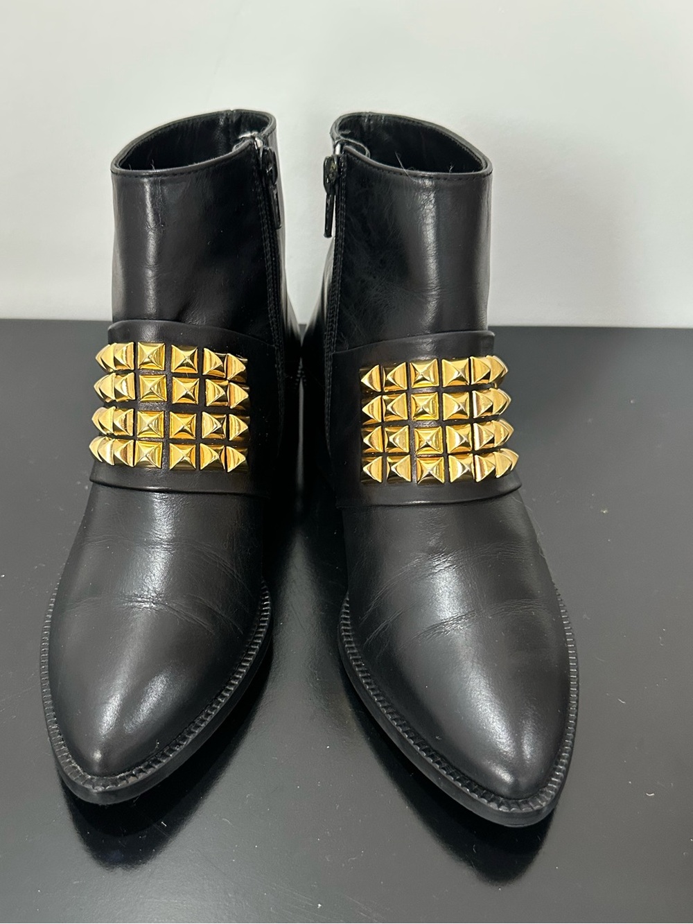 Jon Joseph Black Leather Ankle Boots with Gold Pyramid Studs